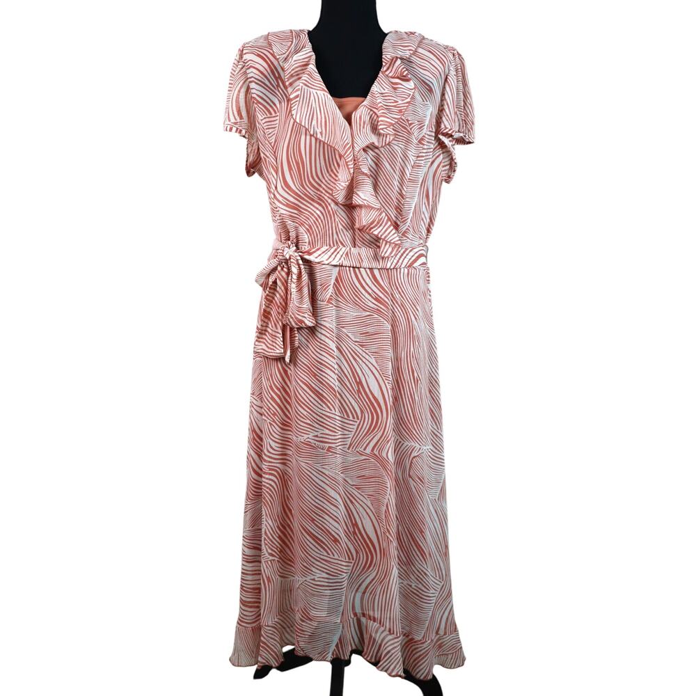 Vintage Y2K Dress Barn Coral Zebra Wrap Midi Dress Flutter Ruffles 14 Belt